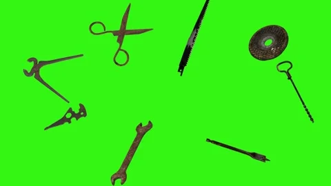 Assorted Dynamic vintage rusty tools animation on green screen Vidéo 334891148