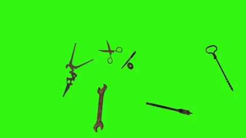 Assorted Dynamic vintage rusty tools animation on green screen Vidéo 334891151
