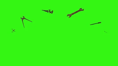 Assorted Dynamic vintage rusty tools animation on green screen Vidéo 334891156