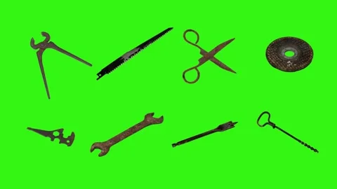 Assorted Dynamic vintage rusty tools animation on green screen Vidéo 334891157
