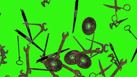 Assorted Dynamic vintage rusty tools animation on green screen Vidéo 334891158