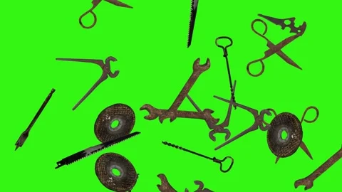 Assorted Dynamic vintage rusty tools animation on green screen Vidéo 334891160