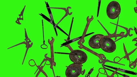 Assorted Dynamic vintage rusty tools animation on green screen Vidéo 334891161