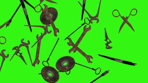Assorted Dynamic vintage rusty tools animation on green screen Vidéo 334891163