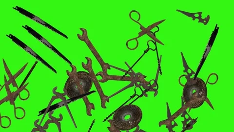 Assorted Dynamic vintage rusty tools animation on green screen Vidéo 334891164