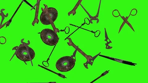 Assorted Dynamic vintage rusty tools animation on green screen Vidéo 334891166