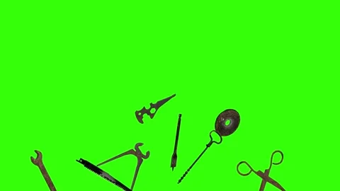 Assorted Dynamic vintage rusty tools animation on green screen Vidéo 334891167