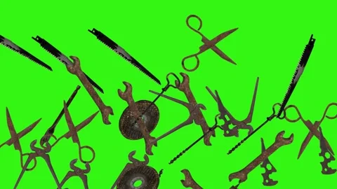 Assorted Dynamic vintage rusty tools animation on green screen Vidéo 334891169