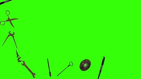 Assorted Dynamic vintage rusty tools animation on green screen Vidéo 334891172