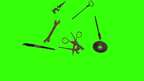 Assorted Dynamic vintage rusty tools animation on green screen Vidéo 334891173