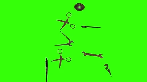 Assorted Dynamic vintage rusty tools animation on green screen Vidéo 334891174