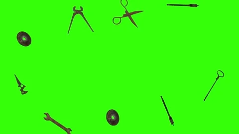 Assorted Dynamic vintage rusty tools animation on green screen Vidéo 334891175