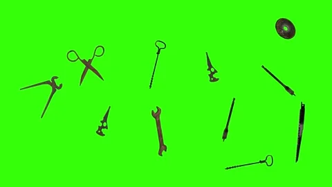 Assorted Dynamic vintage rusty tools animation on green screen Vidéo 334891176