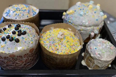 Assorted Easter Paska Cakes with Marshmallows and Colorful Sprinkles Stock Photos