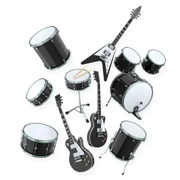 Assorted electric guitars and drums arranged isolated on white background, re Stockillustratie