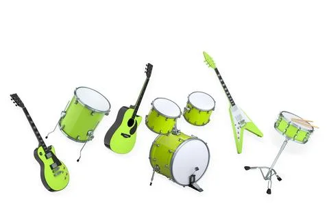 Assorted electric guitars and drums arranged isolated on white background, .. Illustrazione stock