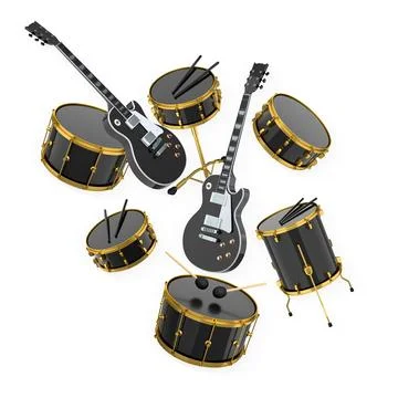 Assorted electric guitars and drums arranged isolated on white background, .. Stock Illustration