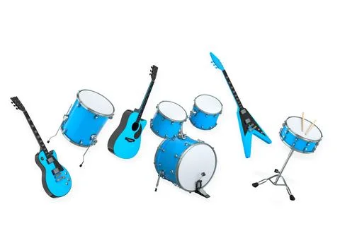 Assorted electric guitars and drums arranged isolated on white background, re Illustrazione stock