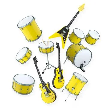 Assorted electric guitars and drums arranged isolated on white background, re Stockillustratie