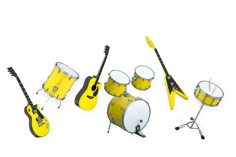 Assorted electric guitars and drums arranged isolated on white background, re Stock Illustration