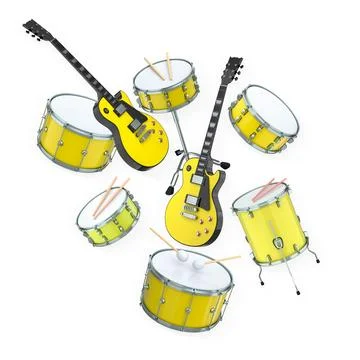 Assorted electric guitars and drums arranged isolated on white background, re イラスト素材