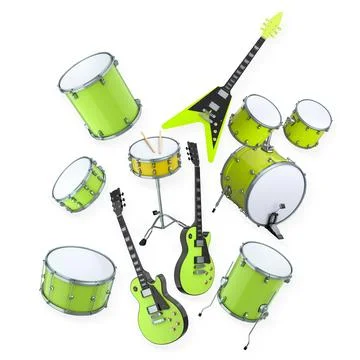 Assorted electric guitars and drums arranged isolated on white background, re Stock-Illustration
