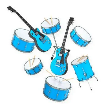 Assorted electric guitars and drums arranged isolated on white background, .. Stock-Illustration