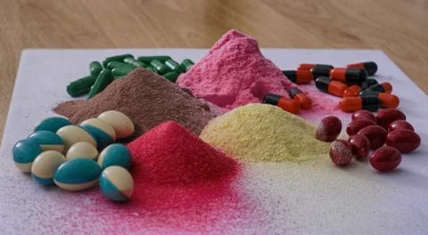 Assorted empty Capsules and Medicine Powder at a company for Pharmaceutical u 스톡 사진