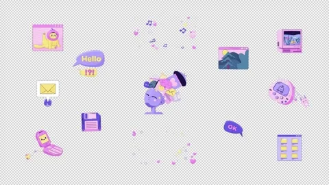 Assorted everyday Y2K 2D cartoon objects animation pack Stock Footage 335131464