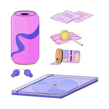 Assorted everyday Y2K 2D cartoon objects set Stock Illustration