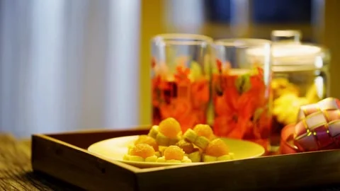 Assorted festive snacks and drinks served on wooden tray Video stock 333811238