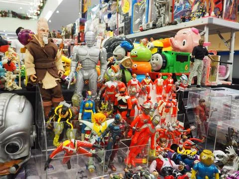 Assorted figures anime and action movie Stock Photos