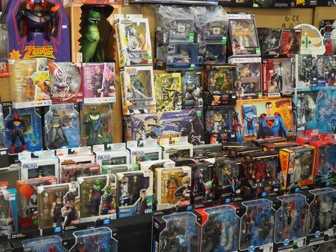 Assorted figures anime and action movie Stockfoto's