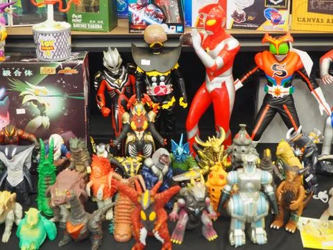 Assorted figures anime and action movie Stock Photos