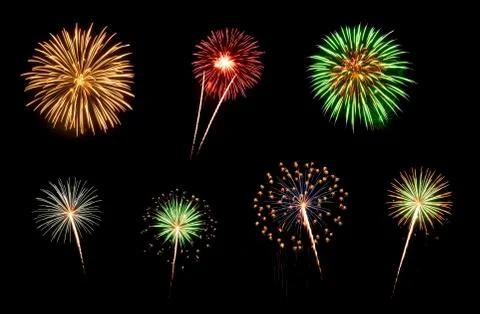 Assorted fireworks on a black background Stock Photos