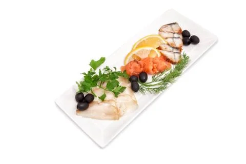 Assorted fish on platter Stock Photos