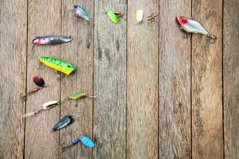 Assorted fishing lures and spinners. Stock Photos