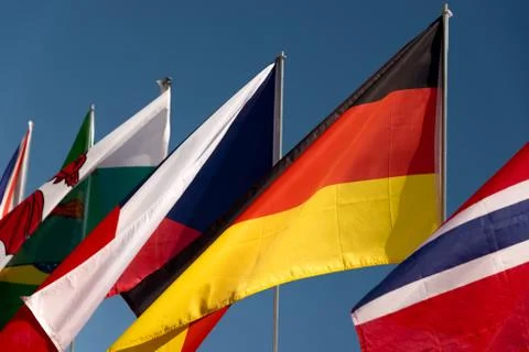 Assorted flags with a sky blue background Stock Photos