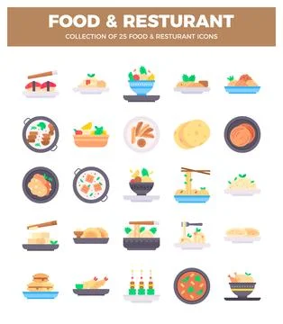 Assorted flat design food and restaurant icons arranged in a grid on a whit.. イラスト素材