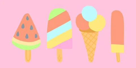 Assorted flat design ice creams and popsicles on a pastel pink background Stock Illustration