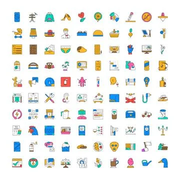 Assorted flat design icons set collection illustrating various concepts Stock Illustration
