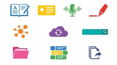 Assorted flat icons for study, research, communication, and file management. Illustrazione stock