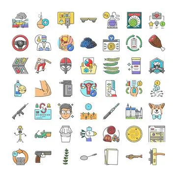 Assorted flat line icons illustrating various concepts and objects Stock Illustration