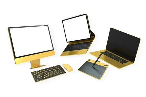 Assorted floating laptop and accessories isolated on white background Stock Illustration
