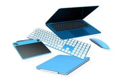 Assorted floating laptop and accessories isolated on white background, presen Stock Photos