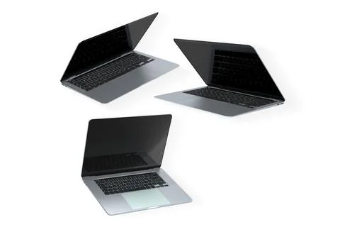 Assorted floating laptop and accessories isolated on white background, pres.. Stock Photos