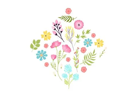 Assorted floral elements arranged in heart shape, colorful flowers and leaves Stock Illustration