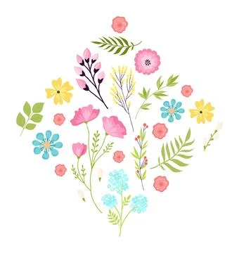 Assorted floral elements arranged heart shape, colorful flowers leaves design Stock Illustration