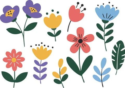 Assorted floral illustration featuring various colorful stylized flowers and  Illustrazione stock