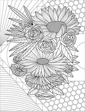 Assorted Flowers Line Drawing Iwth Geometric Background Coloring Book idea Stock Illustration